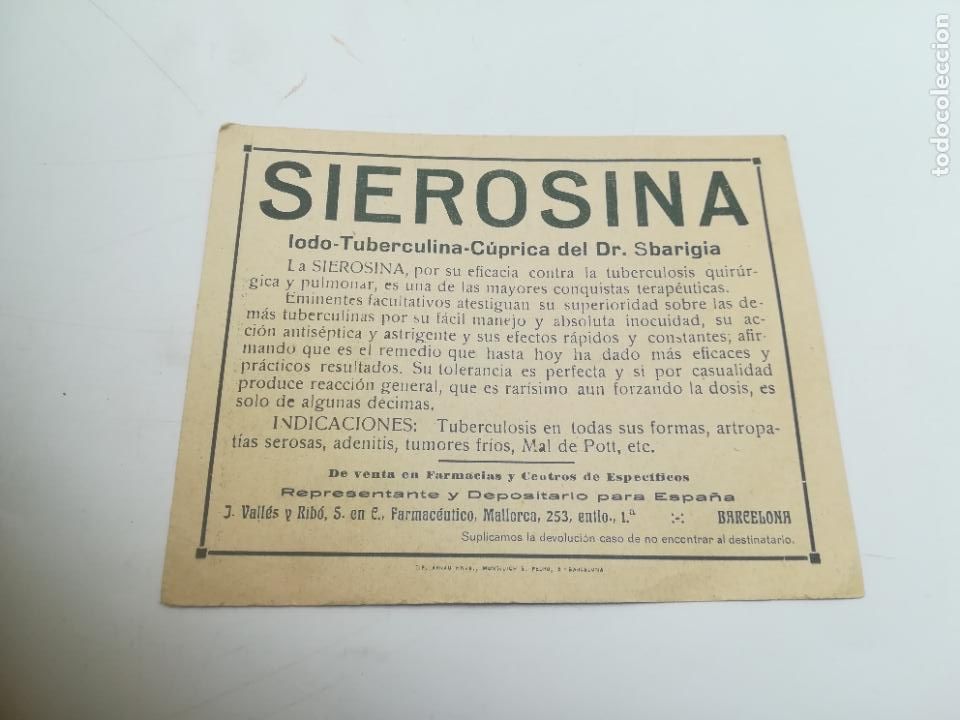 Old Documents: PUBLICIDAD. SIEROSINA DEL DR SBARIGIA. BARCELONA. VER DORSO