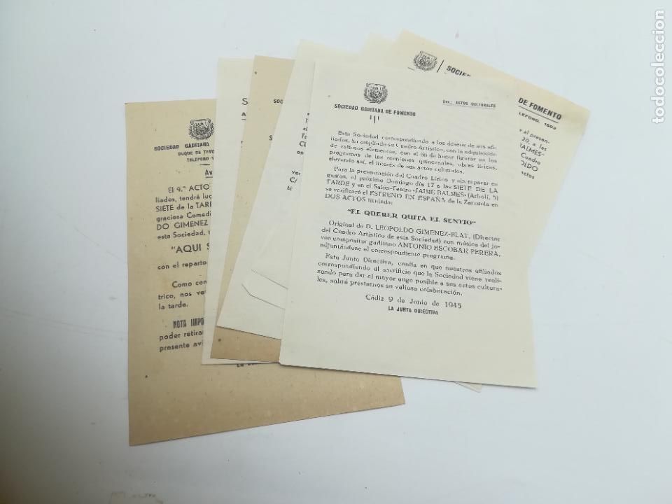 Old Documents: SOCIEDAD GADITANA DE FOMENTO. 7 AVISOS A SOCIOS. 1945. ESTRENOS DE TEATRO. DIFERENTES. VER