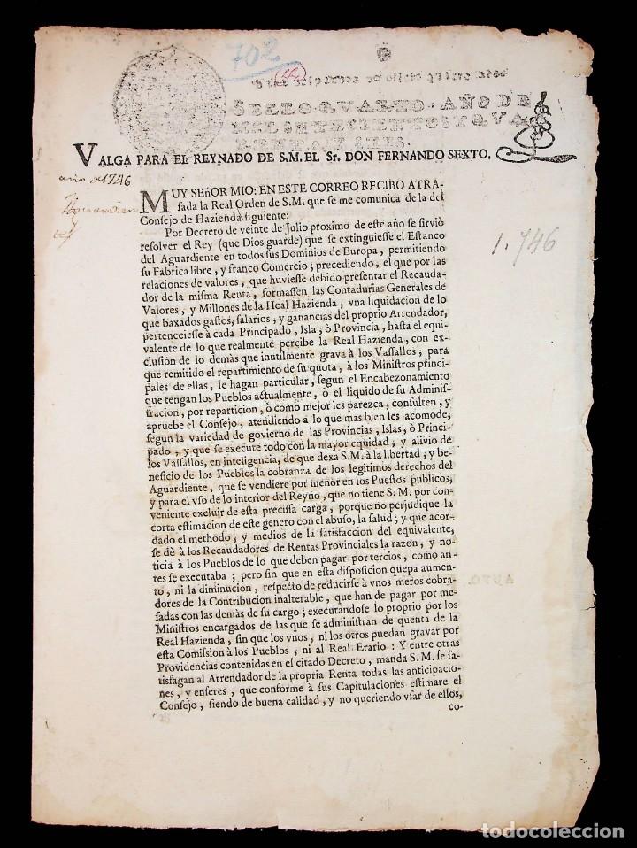 Documentos antiguos: 1747. AUTO COMUNICANDO LA EXTINCI&Oacute;N DEL ESTANCO DE AGUARDIENTE EN LOS DOMINIOS. - Foto 1