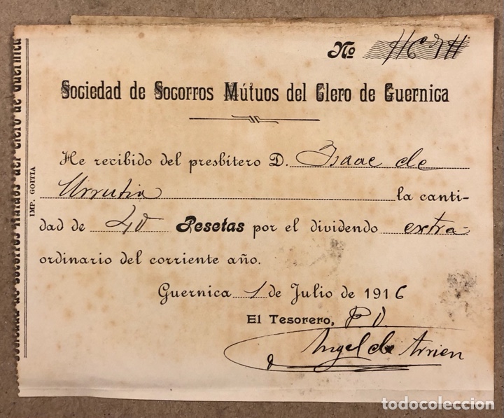 Documentos antiguos: RECIBO DE LA SOCIEDAD DE SOCORROS M&Uacute;TUOS DEL CLERO DE GUERNICA DEL A&Ntilde;O 1916.