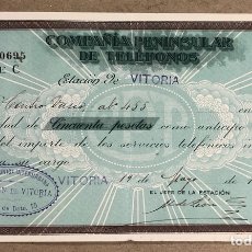 Documentos antiguos: RECIBO DE LA COMPAÑÍA PENINSULAR DE TELÉFONOS A NOMBRE DEL CENTRO VASCO (VITORIA) DE 1919.. Lote 293239003