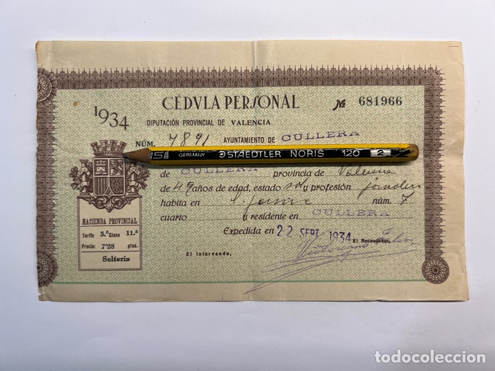 Old Documents: CULLERA Valencia, C&eacute;dula Personal de profesi&oacute;n Jornalero (a.1934) II REP&Uacute;BLICA