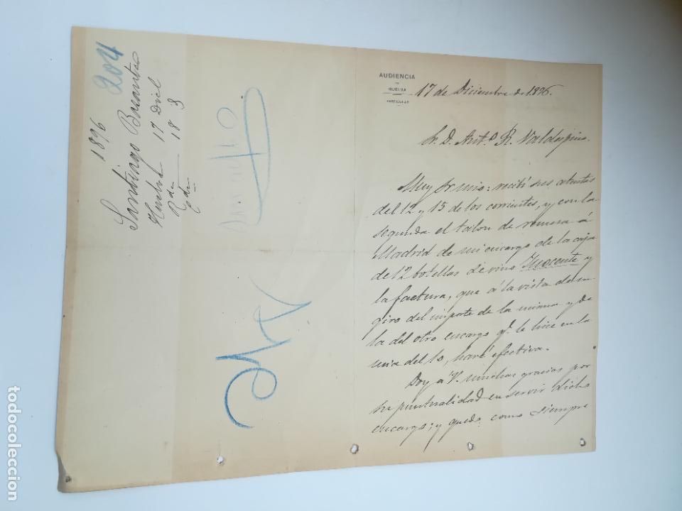 Old Documents: CIRCULAR. AUDENCIA DE HUELVA. 1896. PEDIDO DE BOTELLAS DE VINO