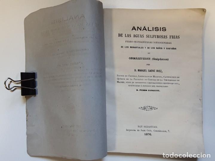 Documentos antiguos: BALNEARIO DE ORM&Aacute;IZTEGUI. ANALISIS AGUAS. 1876 - Foto 2