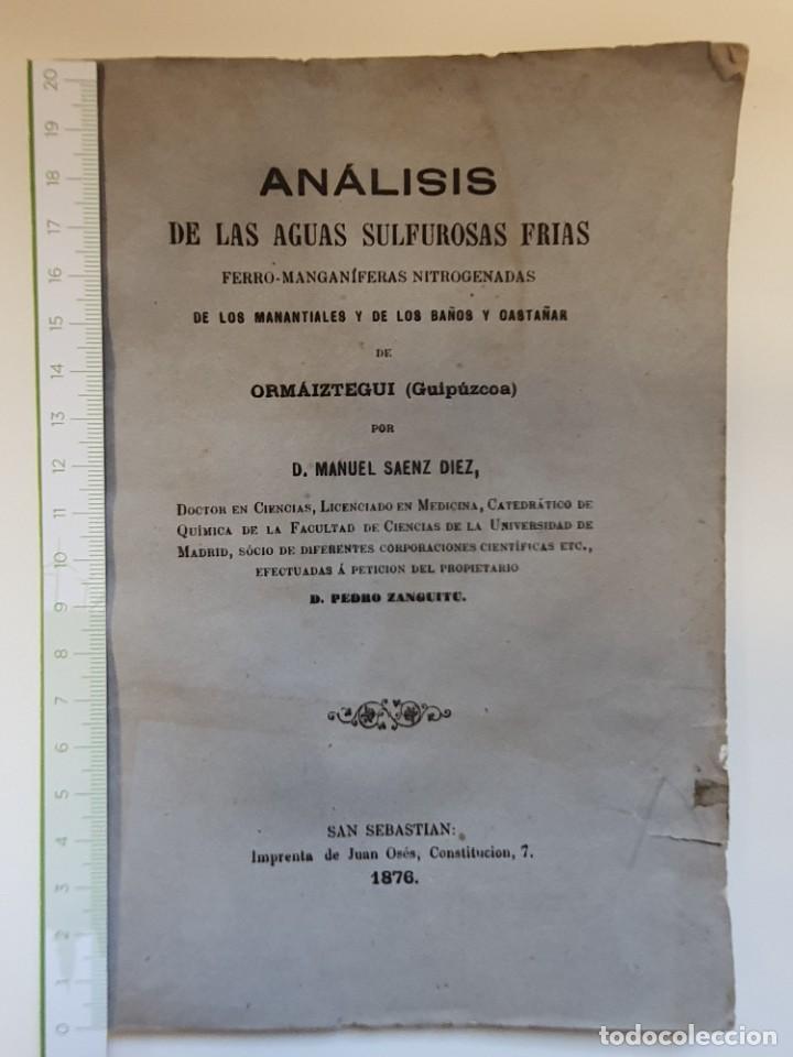 Documentos antiguos: BALNEARIO DE ORM&Aacute;IZTEGUI. ANALISIS AGUAS. 1876 - Foto 5