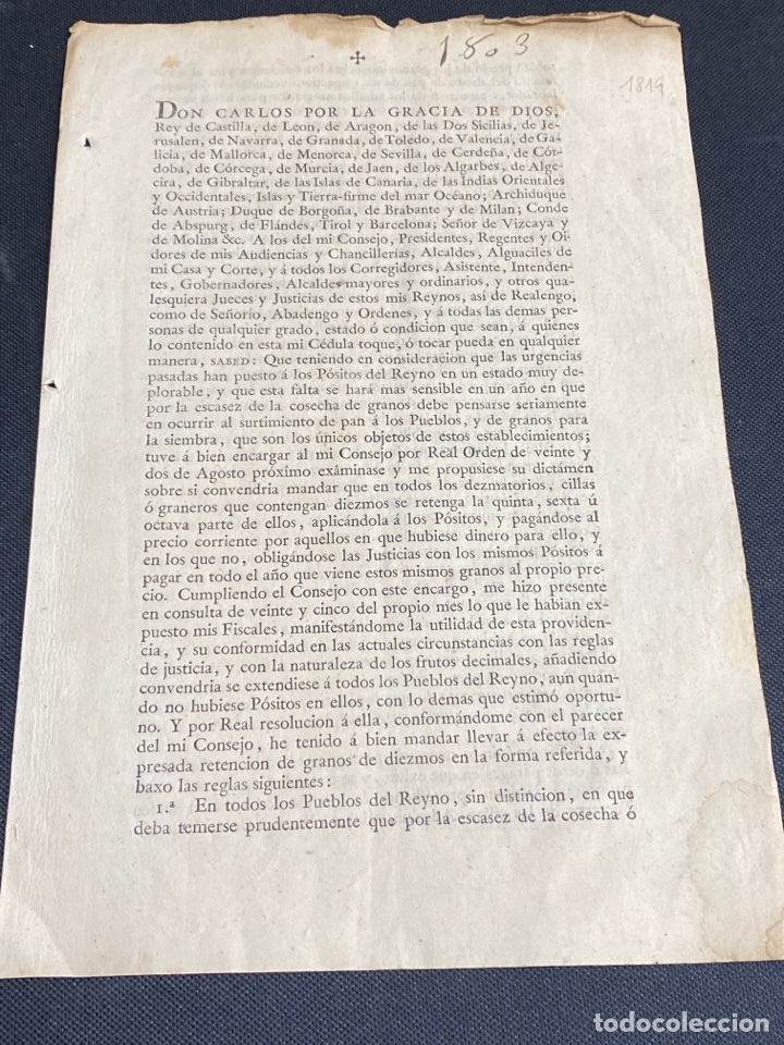 Documentos antiguos: CRISIS 1803-5. REAL CEDULA RETENCI&Oacute;N DE GRANOS. TRIGO, PAN. 8 DE SEPTIEMBRE DE 1803