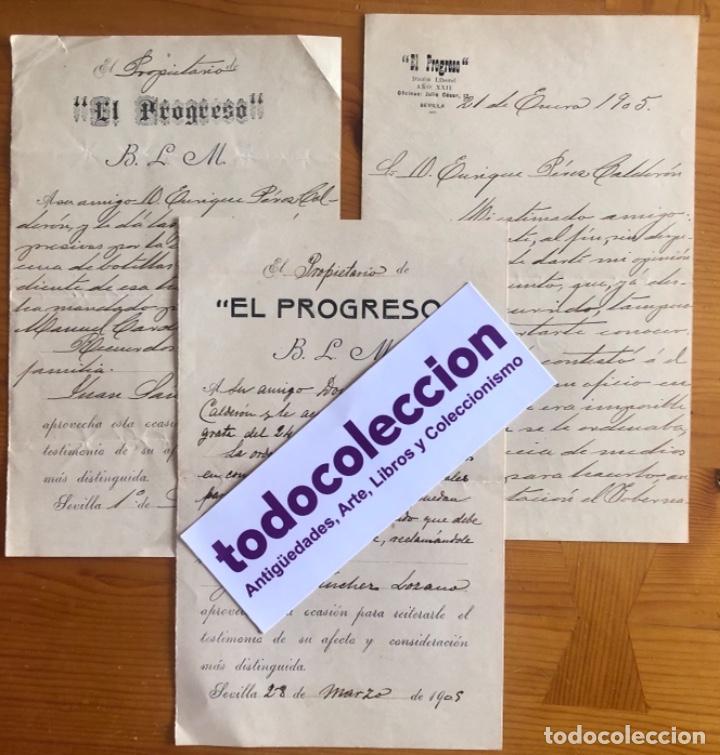 Documentos antiguos: SEVILLA- EL PROGRESO- DIARIO LIBERAL- TRES CARTAS- 1905 - Foto 1
