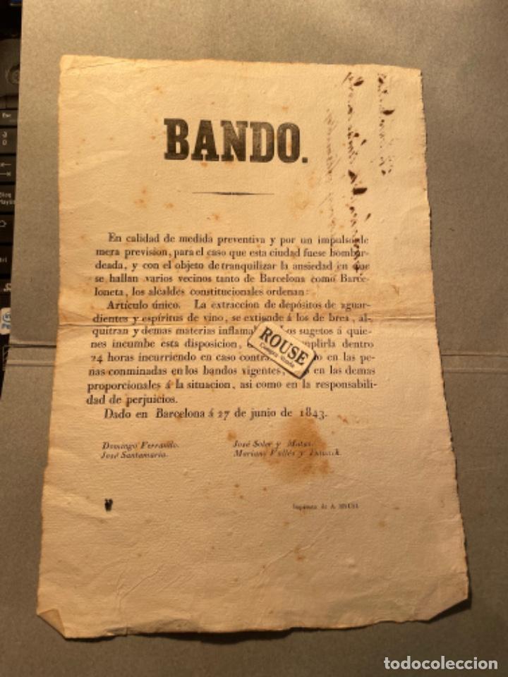 Documentos antiguos: BOMBEROS/INCENDIOS - BANDO BARCELONA / BARCELONETA 27 JUNIO 1843 - MATERIAS INFLAMABLES