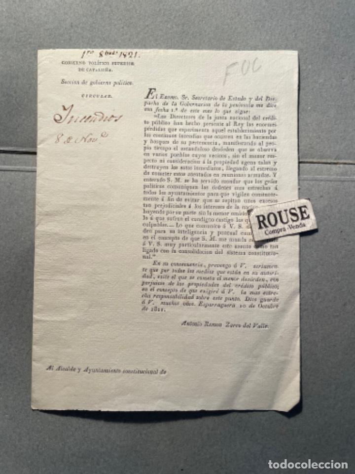 Documentos antiguos: BOMBEROS / INCENDIOS - ESPARRAGUERA 10 OCTUBRE 1821 ANTIGUO DOCUMENTO GOBIERNO POLITICO SUPERIOR DE