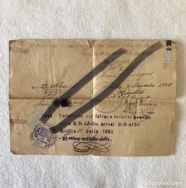 Documentos antiguos: DOCUMENTO MILITAR INFANTER&Iacute;A - FIRMAS TENIENTE CORONEL / COMANDANTE JEFE - INDULTO, SEVILLA 1924