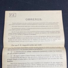 Documentos antiguos: PASQUÍN FALANGE ESPAÑOLA. DIRIGIDO A LOS OBREROS, SINDICATO. IMPRESO FERGA, MADRID.. Lote 313784763