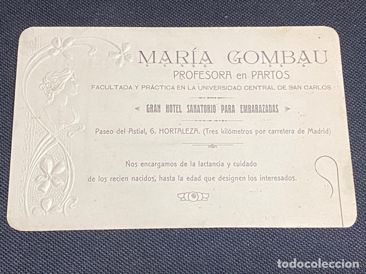 Documentos antiguos: MADRID MAR&Iacute;A GOMBAU PROFESORA EN PARTOS. HOTEL SANATORIO. TARJETA MODERNISTA, PRINCIPIOS SIGLO XX.