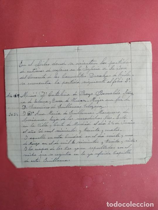 Documentos antiguos: Documento manuscrito justificante enterramientos Capilla Gullamas convento San Jos&eacute; Avila c. 1930