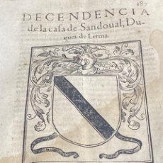 Documentos antiguos: 1600. HERÁLDICA-GENEALOGÍA. HISTORIA CASA DE SANDOVAL, DUQUES DE LERMA, BELLO ESCUDO XILOGRÁFICO. Lote 301446668