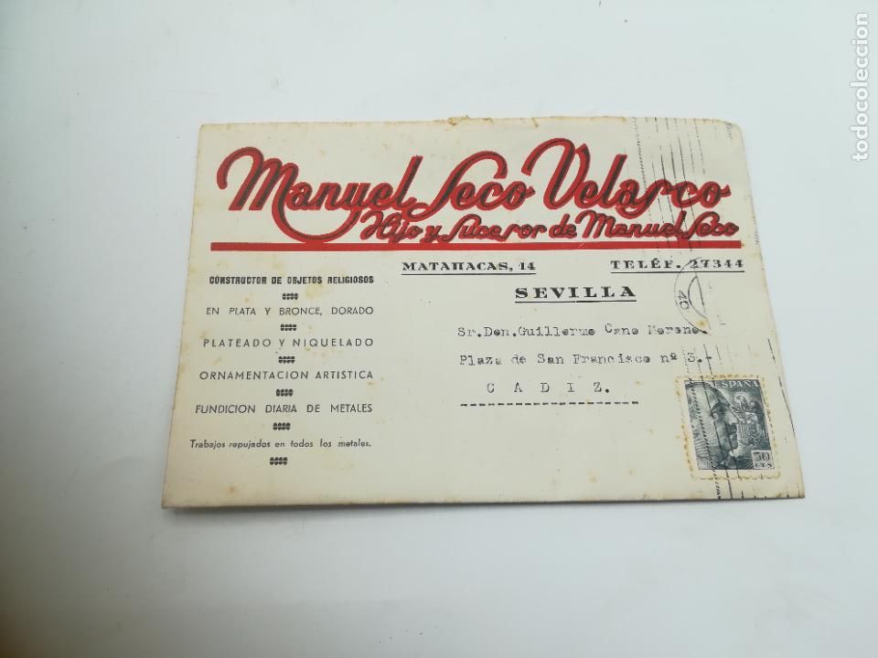 Documents Anciens: ANTIGUA CARTA CON SOBRE PUBLICITARIO. OBJETOS RELIGIOSOS. MANUEL SECO VELASCO. SEVILLA. 1947