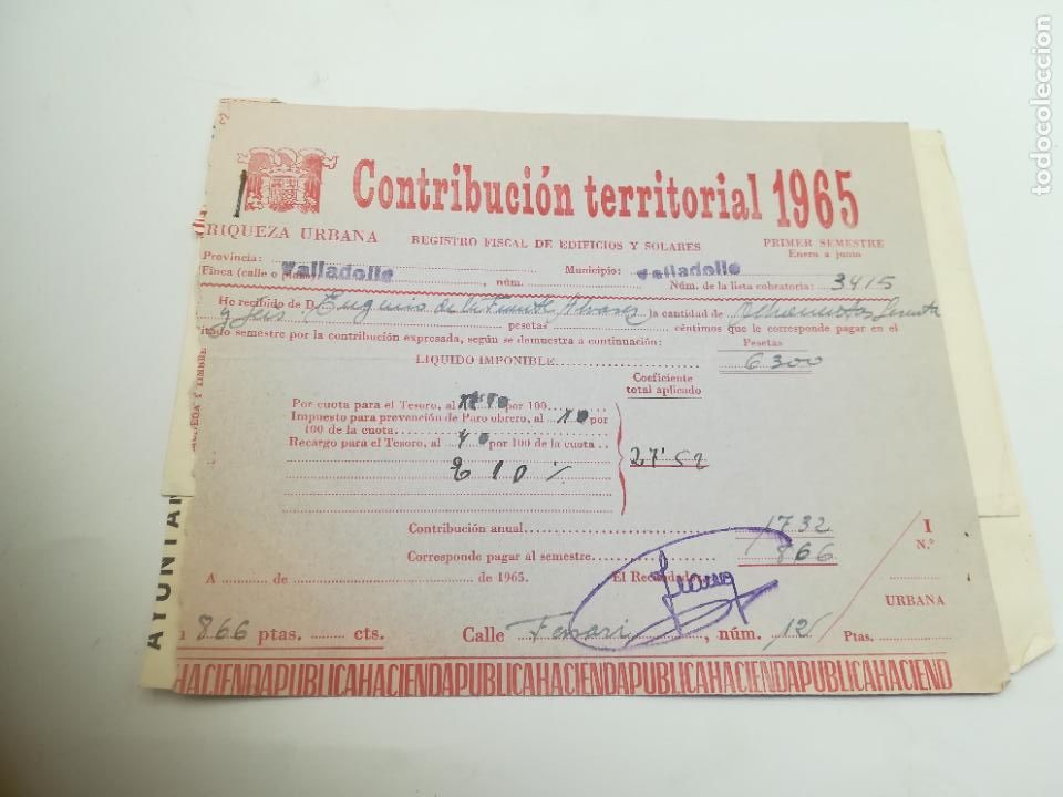 Documents Anciens: PAGOS DE TASAS Y TRIBUTOS LOCALES DE VALLADOLID. A&Ntilde;O 1965. VER RECIBOS, SELLO.
