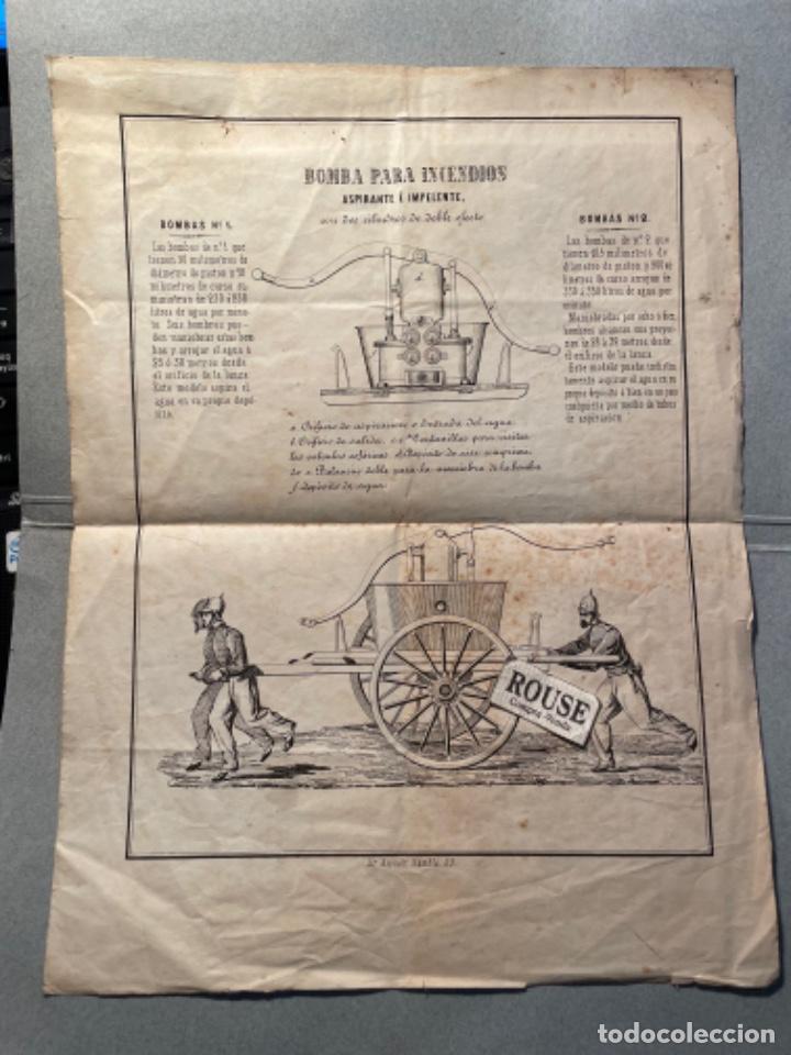 Documentos antiguos: BOMBEROS - ANTIGUA LITOGRAFIA S.XIX - BOMBA PARA INCENDIOS . ASPIRANTE&Eacute; IMPELENTE CON DOS CILINDROS