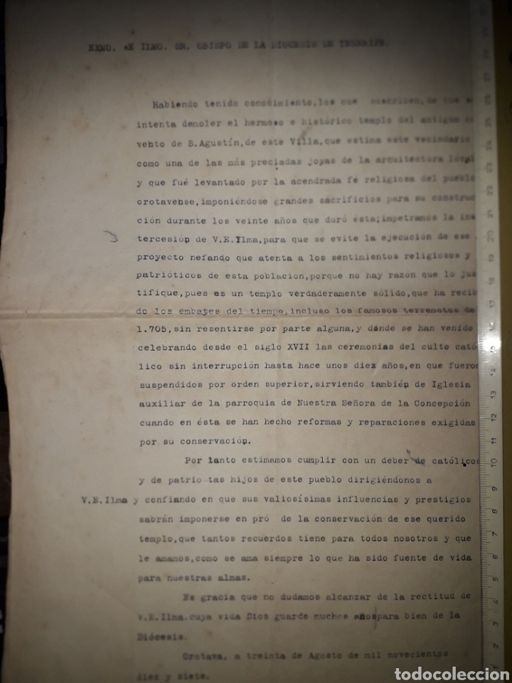 Documentos antiguos: LA OROTAVA.TENERIFE.ESCRITO AL OBISPO.VECINOS SE OPONEN A DEMOLICI&Oacute;N TEMPLO DE SAN AGUST&Iacute;N.1917