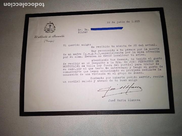 Documentos antiguos: Carta firmada. Alcalde de Baracaldo, Vizcaya 1955, Jos&eacute; Mar&iacute;a Llaneza Zabaleta