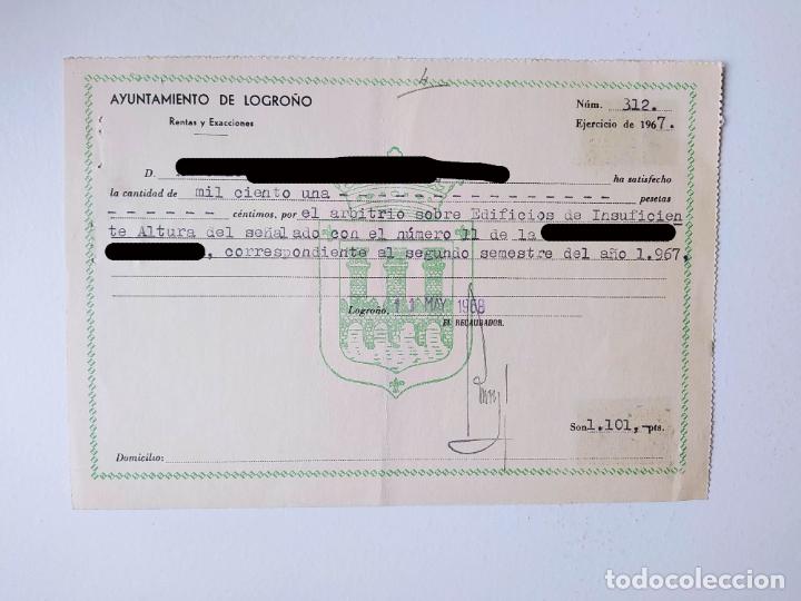 Documenti antichi: RECIBO AYUNTAMIENTO DE LOGRO&Ntilde;O. RENTAS Y EXACCIONES. 1967. TDKP19A