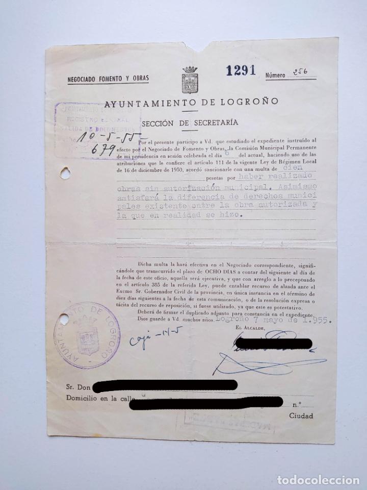 Documenti antichi: MULTA DEL AYUNTAMIENTO DE LOGRO&Ntilde;O. NEGOCIADO DE OBRAS. 1955. TDKP19E