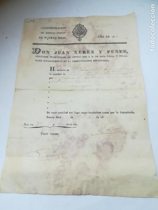 Documentos antigos: RENTAS REUNIDAS. PUERTO REAL. 1898. RECIB&Iacute; DE PAGO DE CONTRIBUCI&Oacute;N. VER