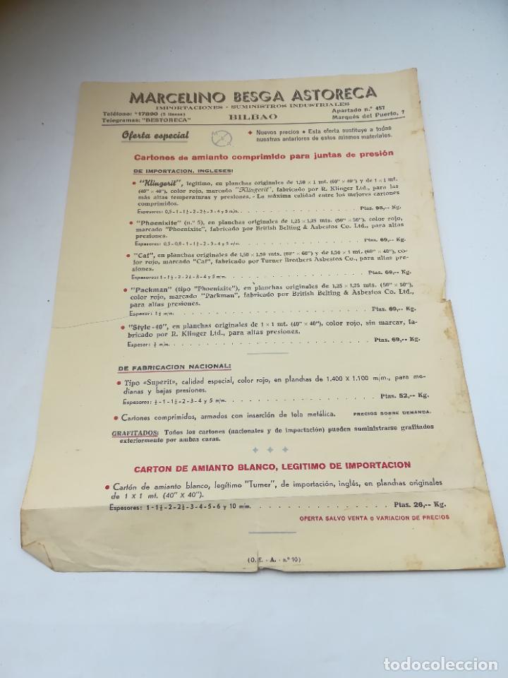 Old Documents: LISTA DE PRECIOS. MARCELINO BESGA ASTORECA. CARTONES DE AMIANTO. BILBAO. VER