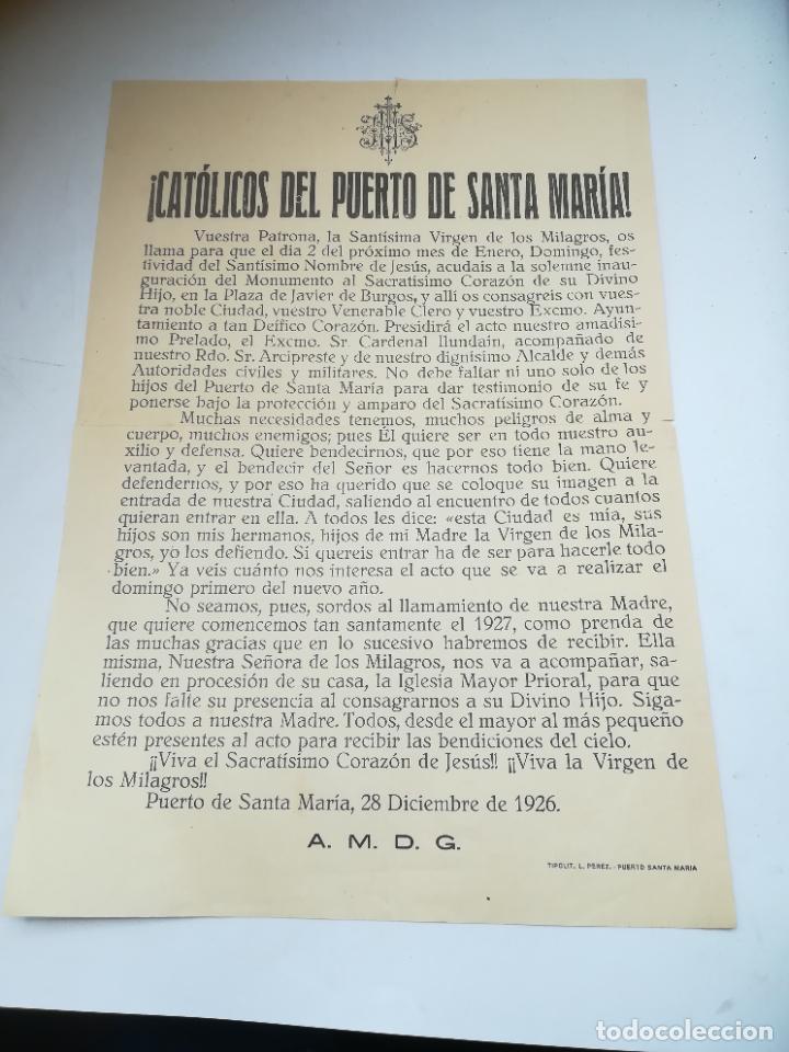Old Documents: CATOLICOS PUERTO DE SANTA MARIA. 1926. PETICION ACUDIR INAUGURACION DE MONUMENTO CORAZON DE JESUS