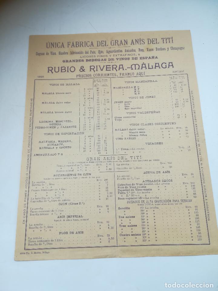 Documentos antigos: LISTA DE PRECIOS. FABRICA DEL GRAN AN&Iacute;S DEL TIT&Iacute;. RUBIO & RIVERA. MALAGA. 1898