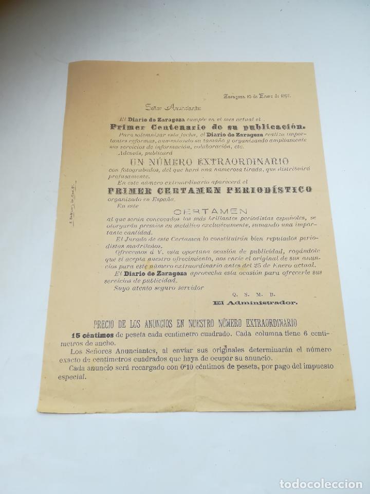 Documentos antigos: DIARIO DE ZARAGOZA. 1897. INFORMA DE NUMERO EXTRAORDINARIO. PRIMER CENTENARIO PERIOD&Iacute;STICO