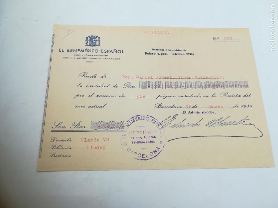 Documentos antigos: RECIB&Iacute;. EL BENEMERITO ESPA&Ntilde;OL. BARCELONA. 1936. PAGO POR ANUNCIO EN LA REVISTA.