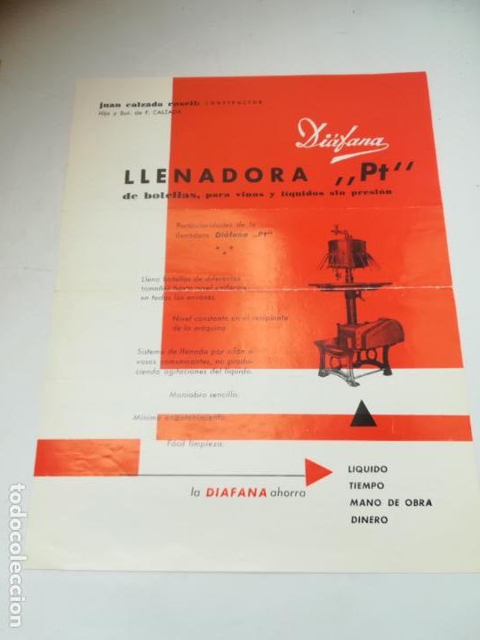 Documentos antigos: PUBLICIDAD. LLENADORA PT DE BOTELLAS, PARA VINOS Y LIQUIDOS SIN PRESION. DIAFANA. VER DORSO
