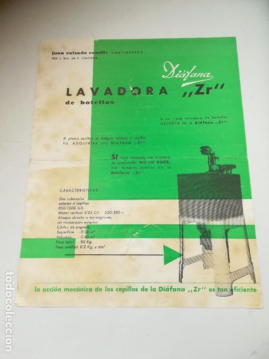 Documentos antigos: PUBLICIDAD. LAVADORA ZR DE BOTELLAS. DI&Aacute;FANA. VER DORSO