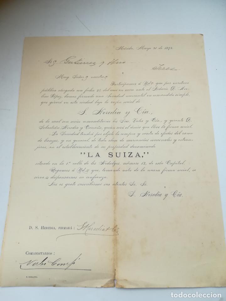 Old Documents: CARTA COMERCIAL. S.HEREDIA Y CIA CAMBIA DE PROPIEDAD A LA SUIZA. 1892. M&Eacute;RIDA