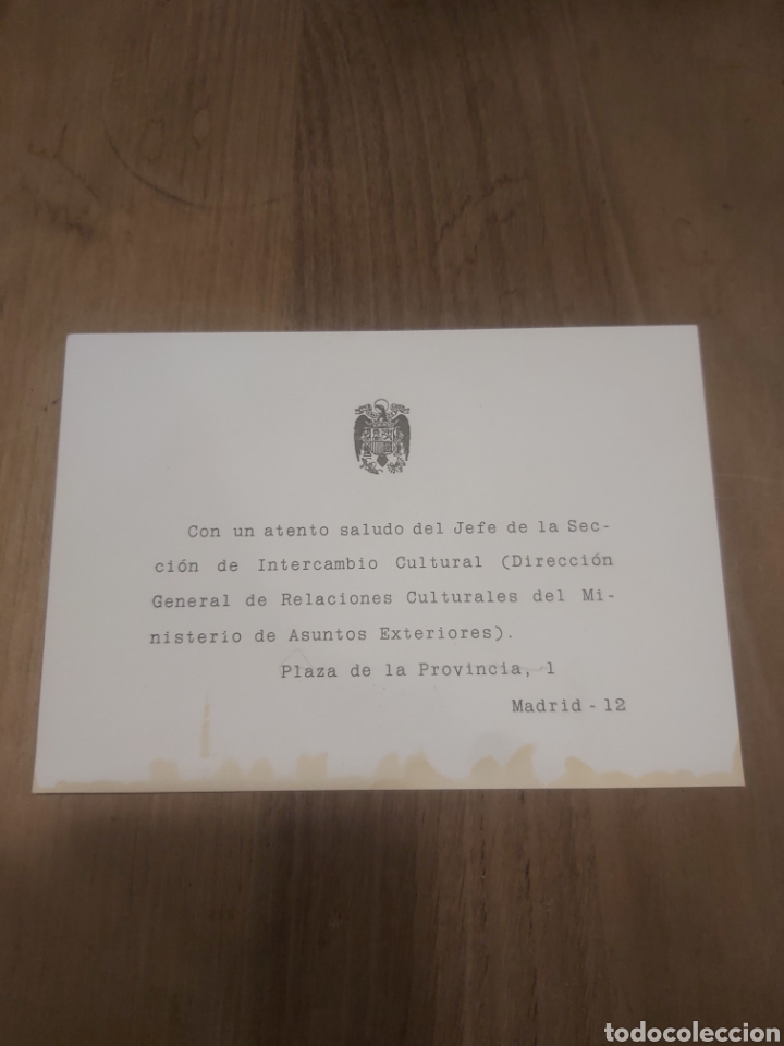 Documenti antichi: TARJETA SALUDO JEFE SECCI&Oacute;N INTERCAMBIO CULTURAL MINISTERIO ASUNTOS E EXTERIORES MADRID