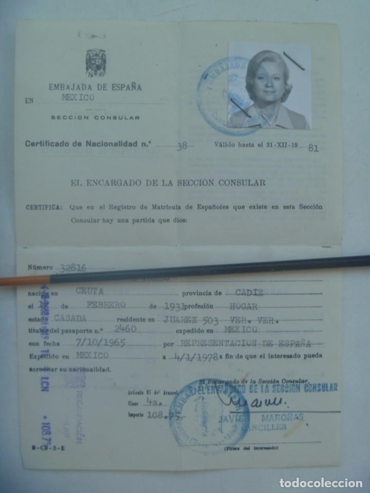 Documentos antiguos: REPRESENTACION DE ESPA&Ntilde;A EN MEJICO : CERTIFICADO DE NACIONALIDAD DE SE&Ntilde;ORA DE CEUTA, 1978