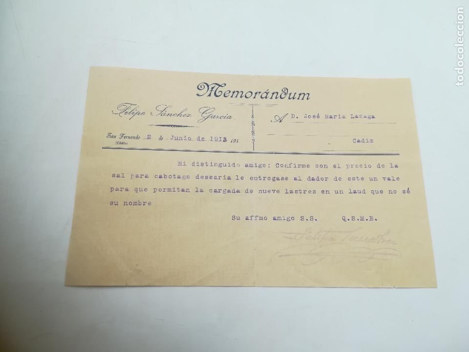 Old Documents: MEMORANDUM. FELIPE SANCHEZ GARCIA. SAN FERNANDO, CADIZ. 1912.