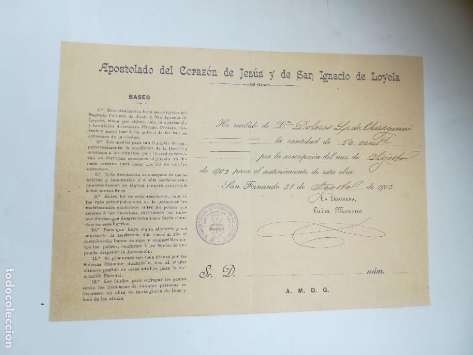 Old Documents: APOSTOLADO DEL CORAZON DE JESUS Y SAN IGNACIO DE LOYOLA. 1903. SAN FERNANDO. RECIBI DE SUSCRIPCION