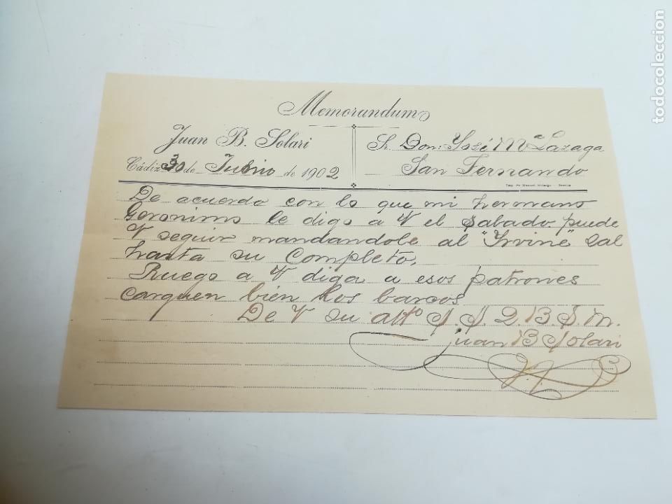 Documentos antiguos: MEMORANDUM. JUAN B.SOLARI. 1902. C&Aacute;DIZ. - Foto 1