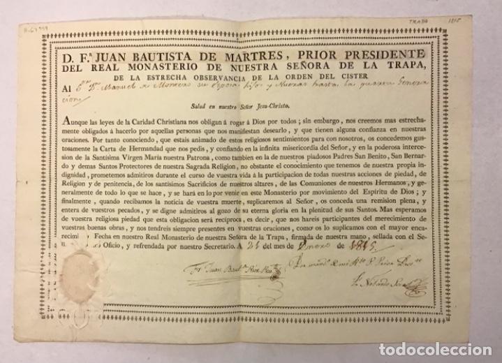 Documentos antiguos: [CARTA DE HERMANDAD]. MONASTERIO DE LA TRAPA, 1815. - Foto 1