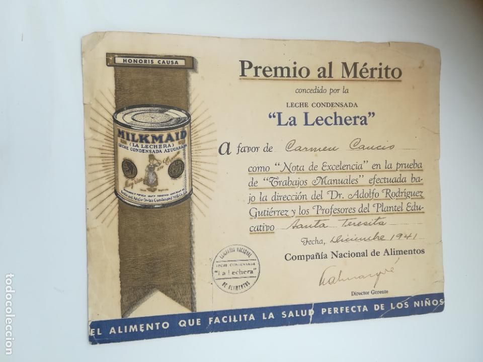 Documentos antigos: PEQUE&Ntilde;O DIPLOMA PUBLICITARIO. PREMIO AL M&Eacute;RITO. LECHE CONDENSADA LA LECHERA. 1941. TRABAJOS MANUALES