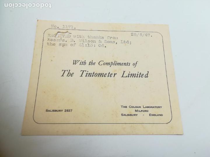 Documentos antigos: TARJETA PUBLICITARIA. WITH THE COMPLIMENTS OF THE TINTOMETER LIMITED. INGLATERRA.