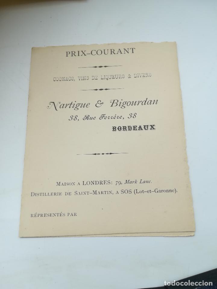 Documentos antigos: PRECIO ACTUAL. COGNACS, VINOS DE LICOR Y DIVERSOS. NARTIGUE & BIGOURDAN. BORDEAUX. FRANCIA. VER