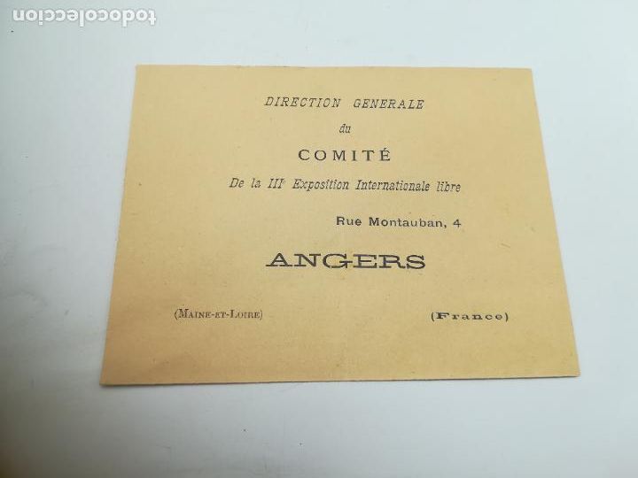 Documentos antigos: SOBRE PUBLICITARIO. DIRECTION GENERALE DU COMITE. III EXPOSITION INTERNATIONALE. ANGERS, FRANCIA