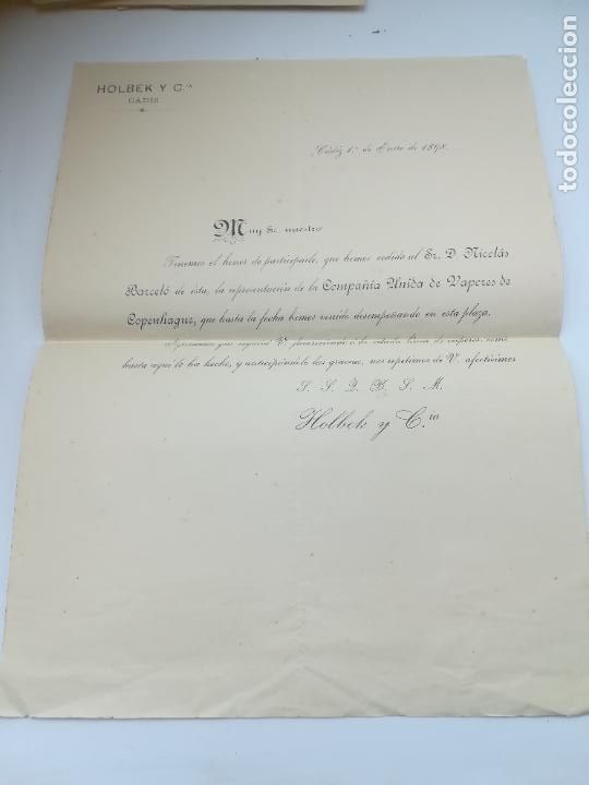Documentos antigos: CIRCULAR. HOLBEK Y CIA. CADIZ. 1898. CEDE REPRESENTACION DE C.U.VAPORES COPENHAGUE A NICOLAS BARCELO