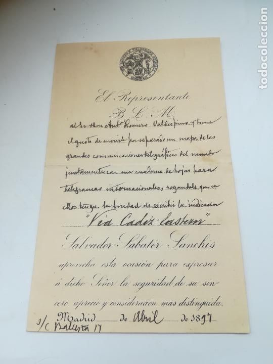 Documentos antigos: REPRESENTANTE B.L.M. SALVADOR SABATER SANCHIS. 1894. PETICION INDICACION 'VIA CADIZ EASTERN'. VER