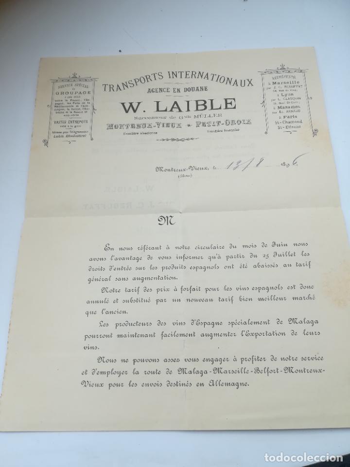 Documentos antigos: CIRCULAR. TRANSPORTS INTERNATIONAUX. W.LAIBLE. MONTREUX-VIEUX, ALSACIA. 1896. VER