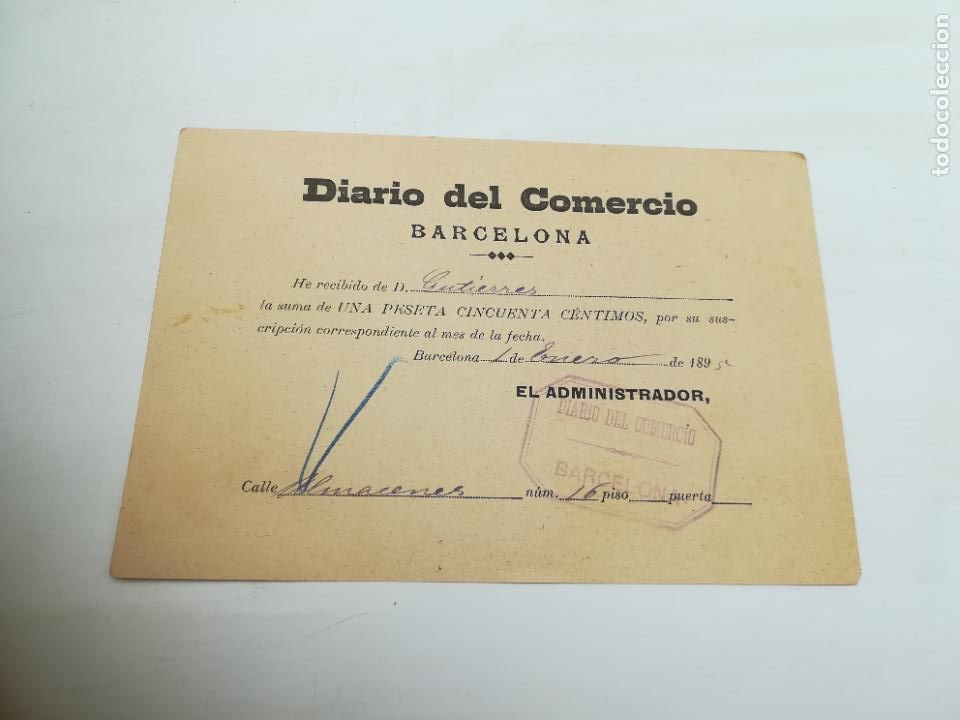 Documentos antiguos: DIARIO DE COMERCIO. BARCELONA. RECIB&Iacute; DE UNA SUSCRIPCI&Oacute;N. 1895 - Foto 1
