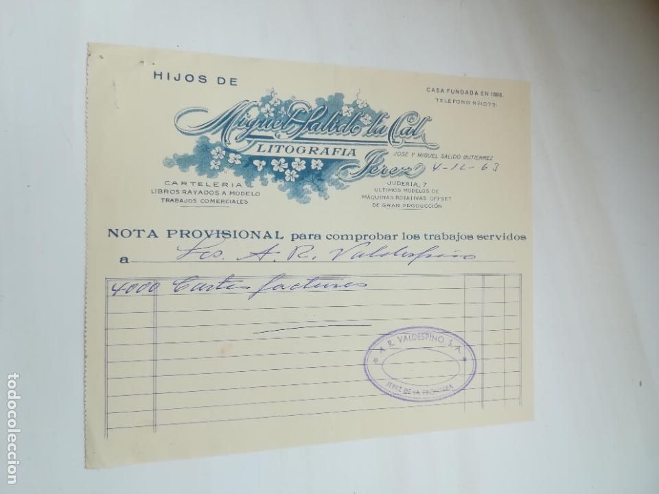 Old Documents: NOTA PROVISIONAL DE TRABAJOS SERVIDOS. MIGUEL SALIDO LA CAL. LITOGRAFIA. JEREZ. 1963.