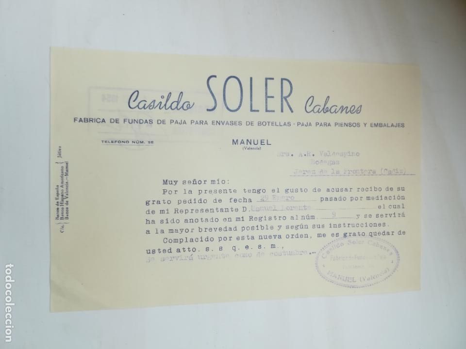 Old Documents: RECIB&Iacute;. CASILDO SOLER CABANES. MANUEL, VALENCIA. FUNDAS DE PAJA PARA BOTELLAS. 1954